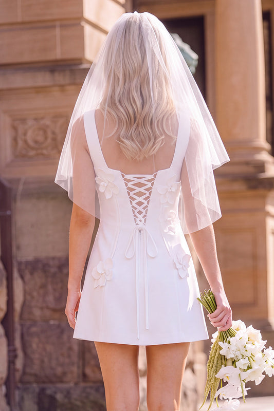 White A-Line Square Neck Short Wedding Dress with 3D Flowers