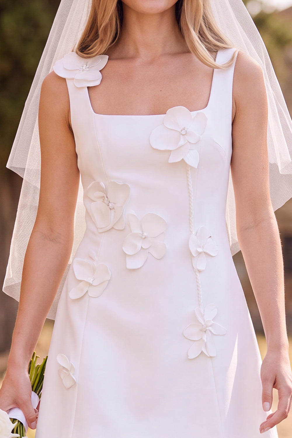White A-Line Square Neck Short Wedding Dress with 3D Flowers
