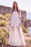 White Square Neck Lace Sweep Train Boho Wedding Dress with Sleeves