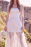 White Square Neck Lace Sweep Train Boho Wedding Dress with Sleeves
