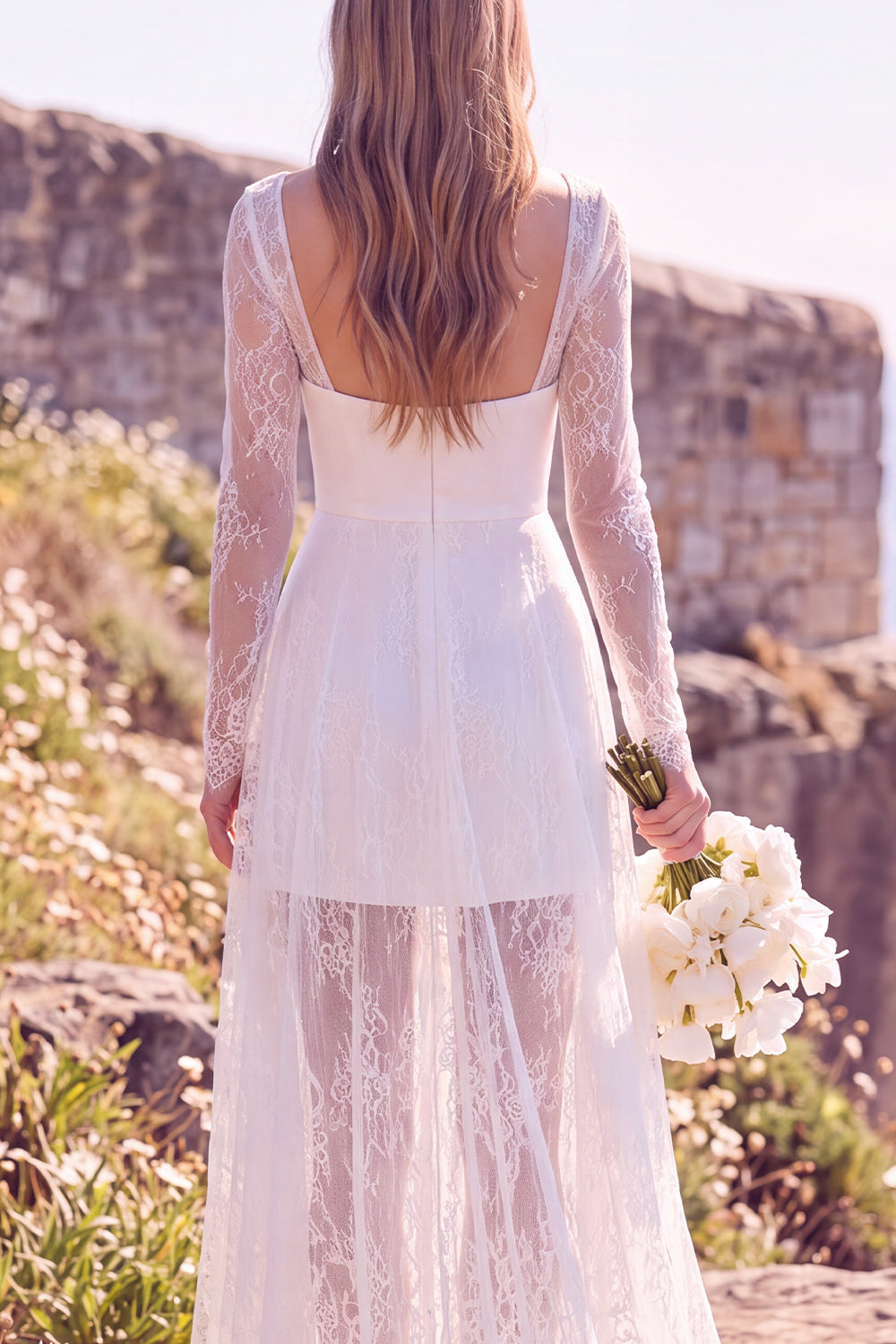 White Square Neck Lace Sweep Train Boho Wedding Dress with Sleeves