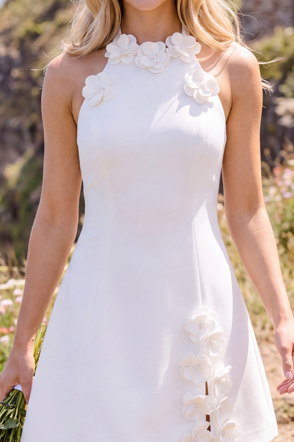 White A-Line Halter Short Wedding Dress with 3D Flowers