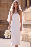 White Floral Bodycon Cut Out Square Neck Midi Wedding Dress