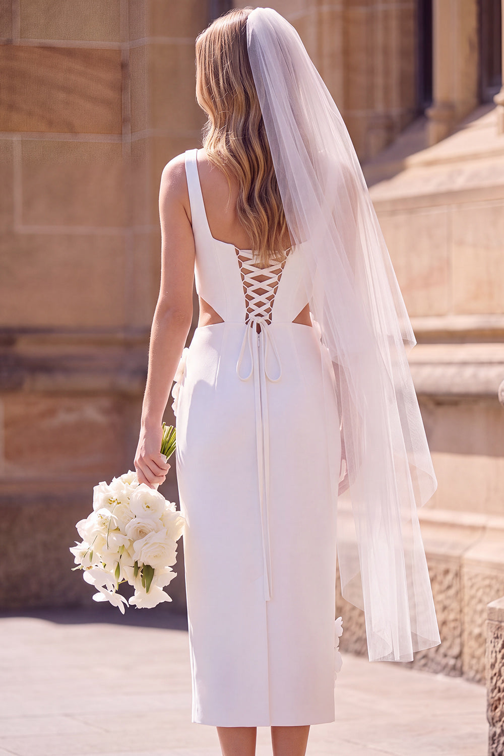 White Floral Bodycon Cut Out Square Neck Midi Wedding Dress