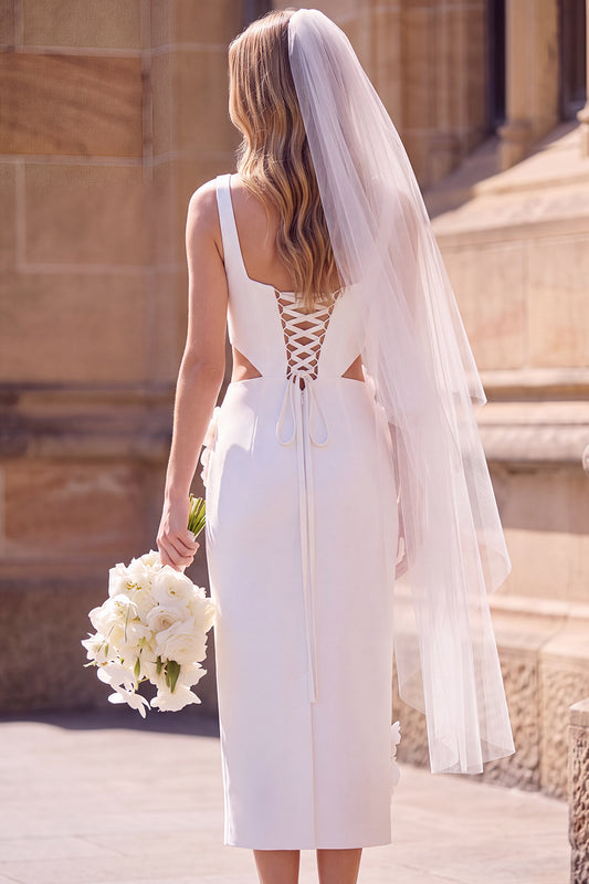 White Floral Bodycon Cut Out Square Neck Midi Wedding Dress