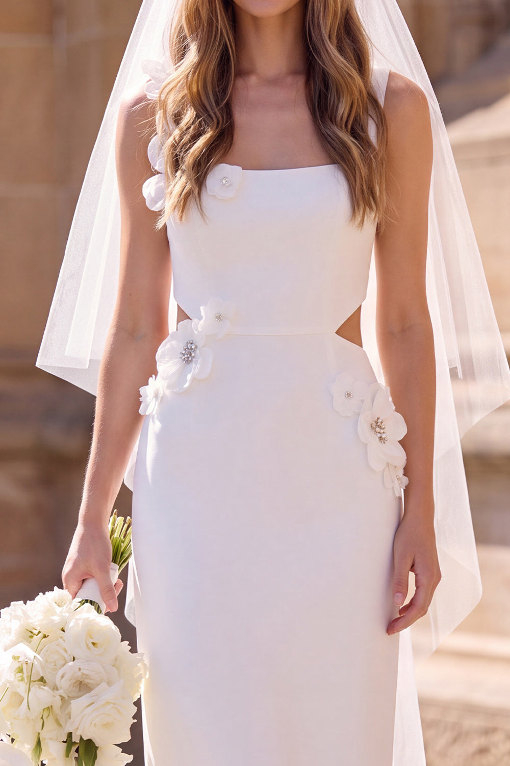 White Floral Bodycon Cut Out Square Neck Midi Wedding Dress