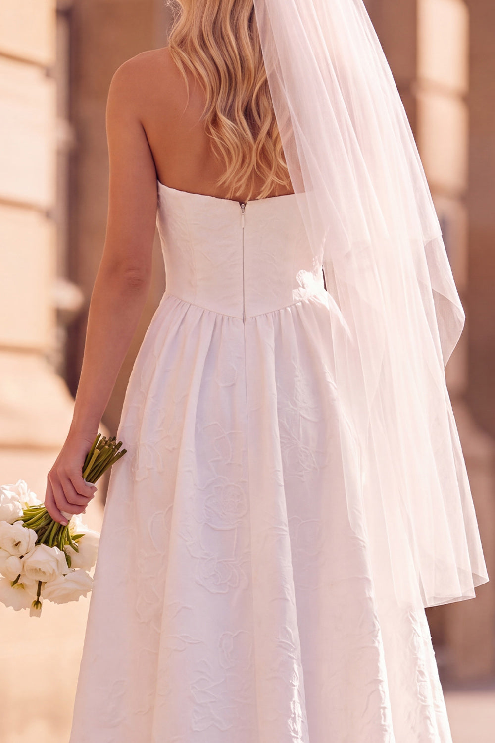 A-Line White Floral Strapless Jacquard Midi Wedding Dress