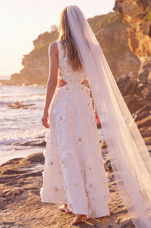 A-Line White Floral Cut Out Round Neck Maxi Wedding Dress