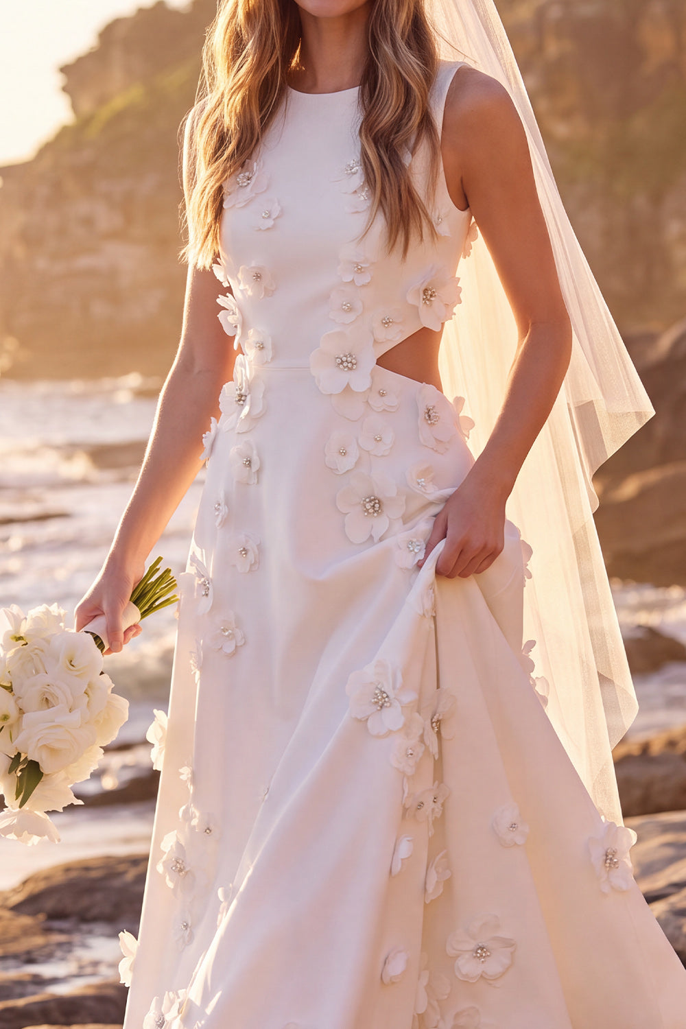 A-Line White Floral Cut Out Round Neck Maxi Wedding Dress