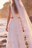 A-Line White Floral Cut Out Round Neck Maxi Wedding Dress
