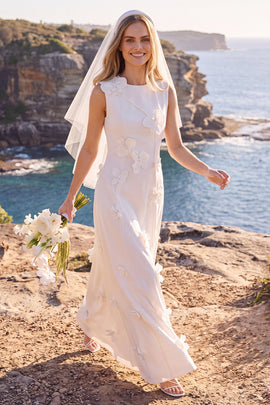 White Floral A Line Round Neck Floor-Length Wedding Dress