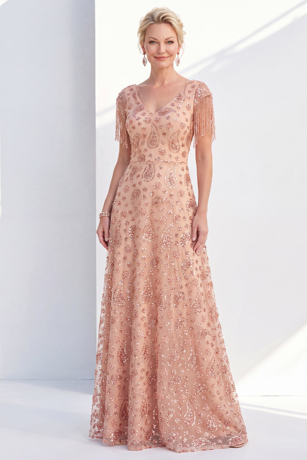 Dusty Rose A Line Sparkly Floral V-Neck Long Mother of the Bride Dress with Fringes