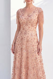 Dusty Rose A Line Sparkly Floral V-Neck Long Mother of the Bride Dress with Fringes