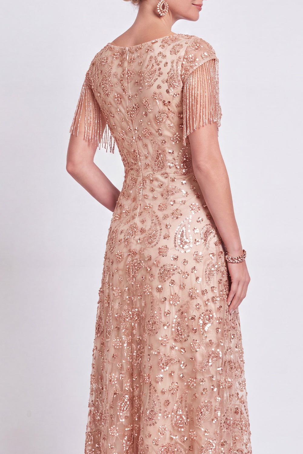Dusty Rose A Line Sparkly Floral V-Neck Long Mother of the Bride Dress with Fringes