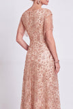 Dusty Rose A Line Sparkly Floral V-Neck Long Mother of the Bride Dress with Fringes