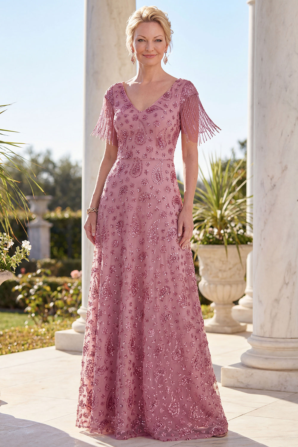 Dusty Rose A Line Sparkly Floral V-Neck Long Mother of the Bride Dress with Fringes