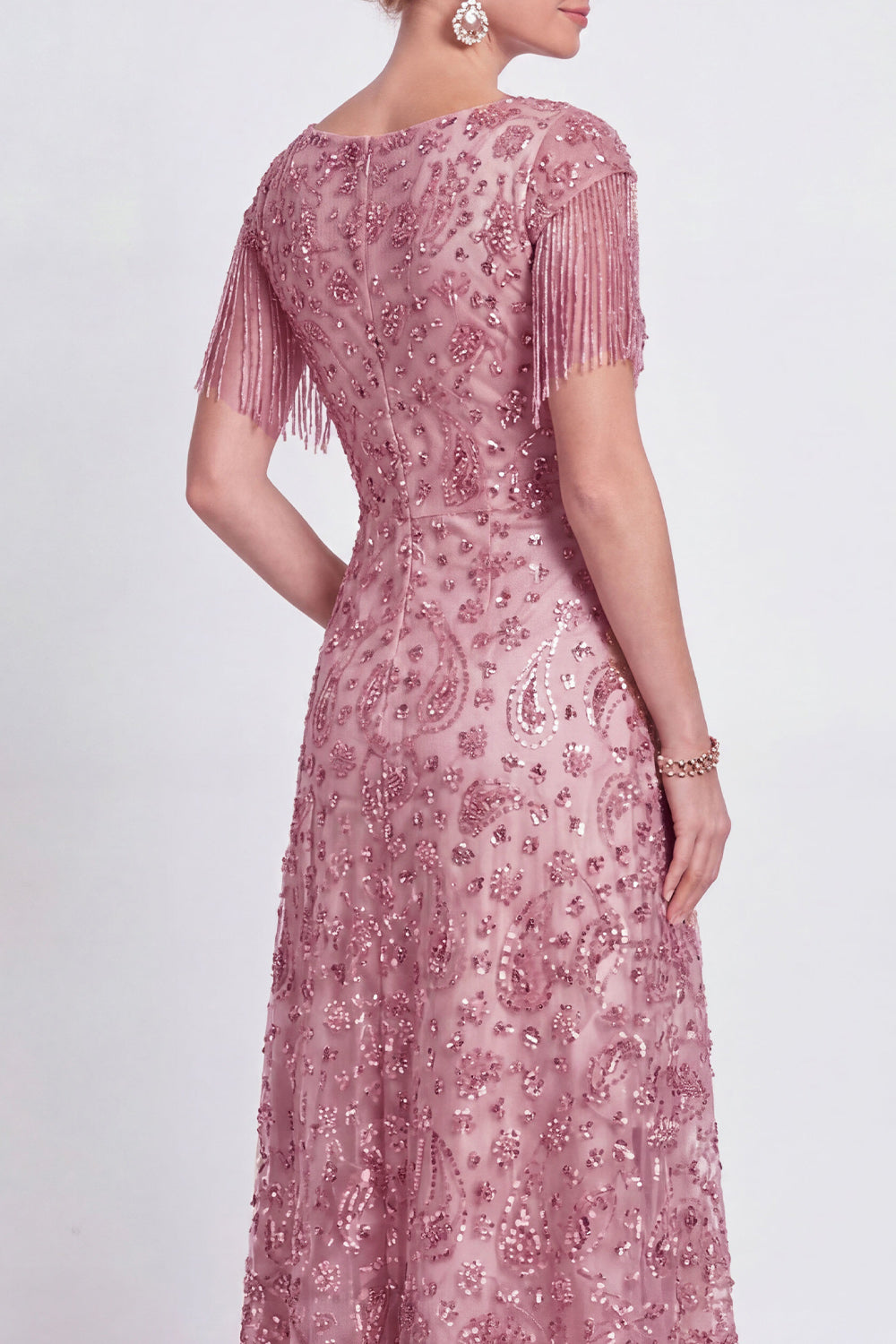 Dusty Rose A Line Sparkly Floral V-Neck Long Mother of the Bride Dress with Fringes