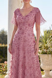 Dusty Rose A Line Sparkly Floral V-Neck Long Mother of the Bride Dress with Fringes