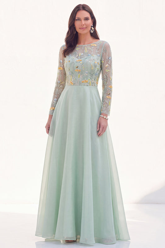 Green Floral Illusion Boat Neck Long Sleeves Mother of the Bride Dress