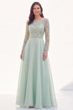 Green Floral Illusion Boat Neck Long Sleeves Mother of the Bride Dress