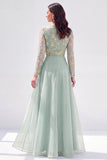 Green Floral Illusion Boat Neck Long Sleeves Mother of the Bride Dress