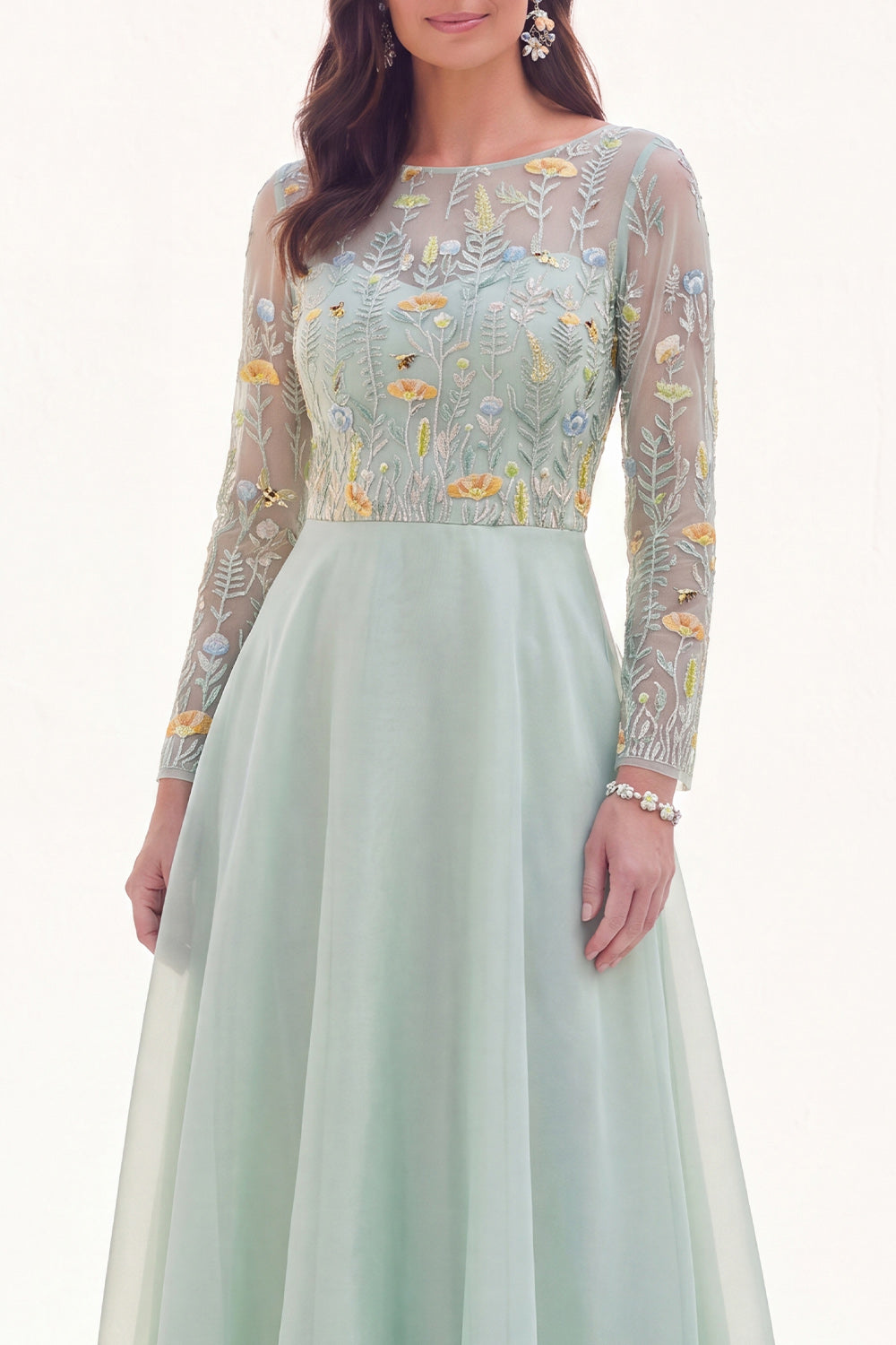 Green Floral Illusion Boat Neck Long Sleeves Mother of the Bride Dress