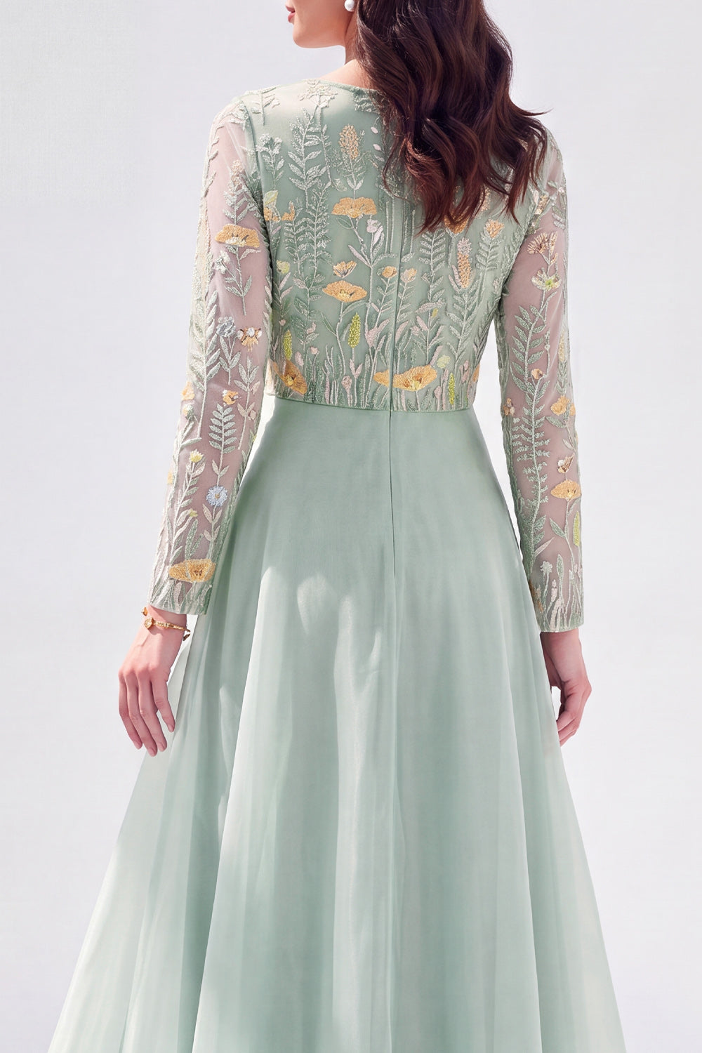 Green Floral Illusion Boat Neck Long Sleeves Mother of the Bride Dress