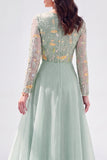 Green Floral Illusion Boat Neck Long Sleeves Mother of the Bride Dress