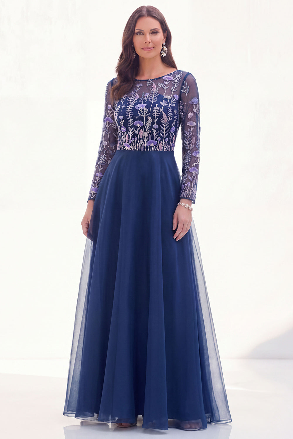 Green Floral Illusion Boat Neck Long Sleeves Mother of the Bride Dress