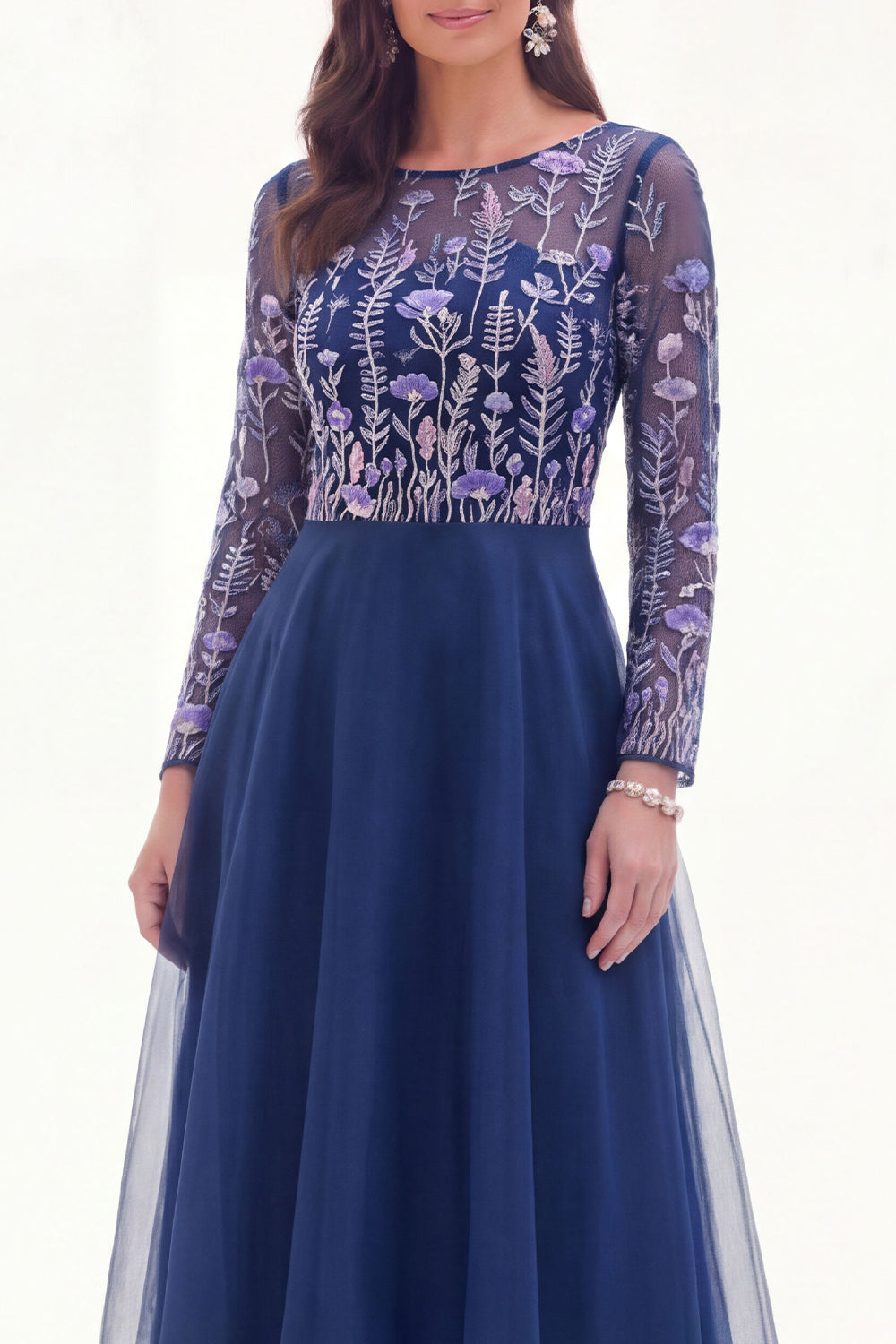Green Floral Illusion Boat Neck Long Sleeves Mother of the Bride Dress