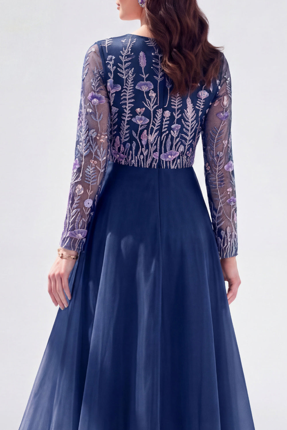 Green Floral Illusion Boat Neck Long Sleeves Mother of the Bride Dress
