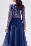 Green Floral Illusion Boat Neck Long Sleeves Mother of the Bride Dress