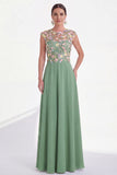 Green Round Neck A Line Long Mother of the Bride Dress with 3D Flowers