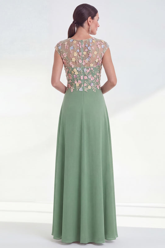 Green Round Neck A Line Long Mother of the Bride Dress with 3D Flowers