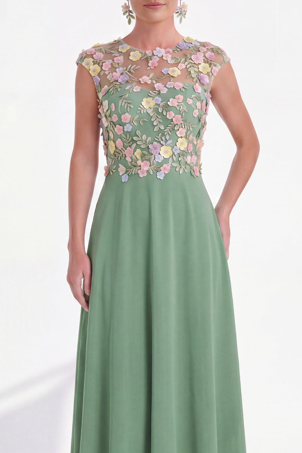 Green Round Neck A Line Long Mother of the Bride Dress with 3D Flowers