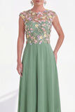 Green Round Neck A Line Long Mother of the Bride Dress with 3D Flowers