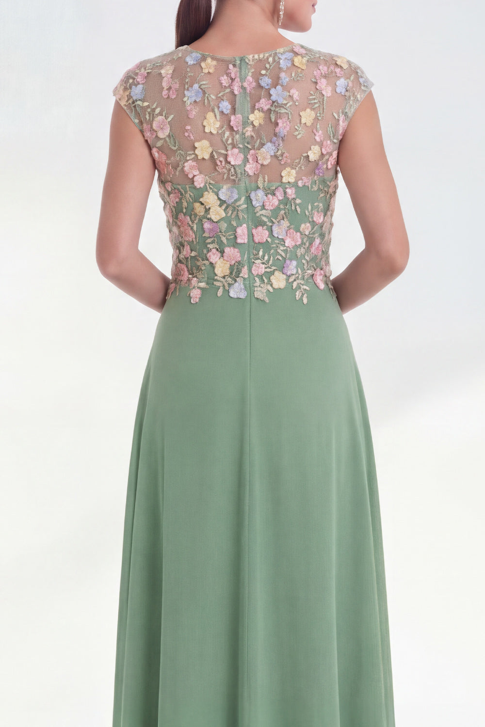 Green Round Neck A Line Long Mother of the Bride Dress with 3D Flowers