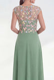 Green Round Neck A Line Long Mother of the Bride Dress with 3D Flowers