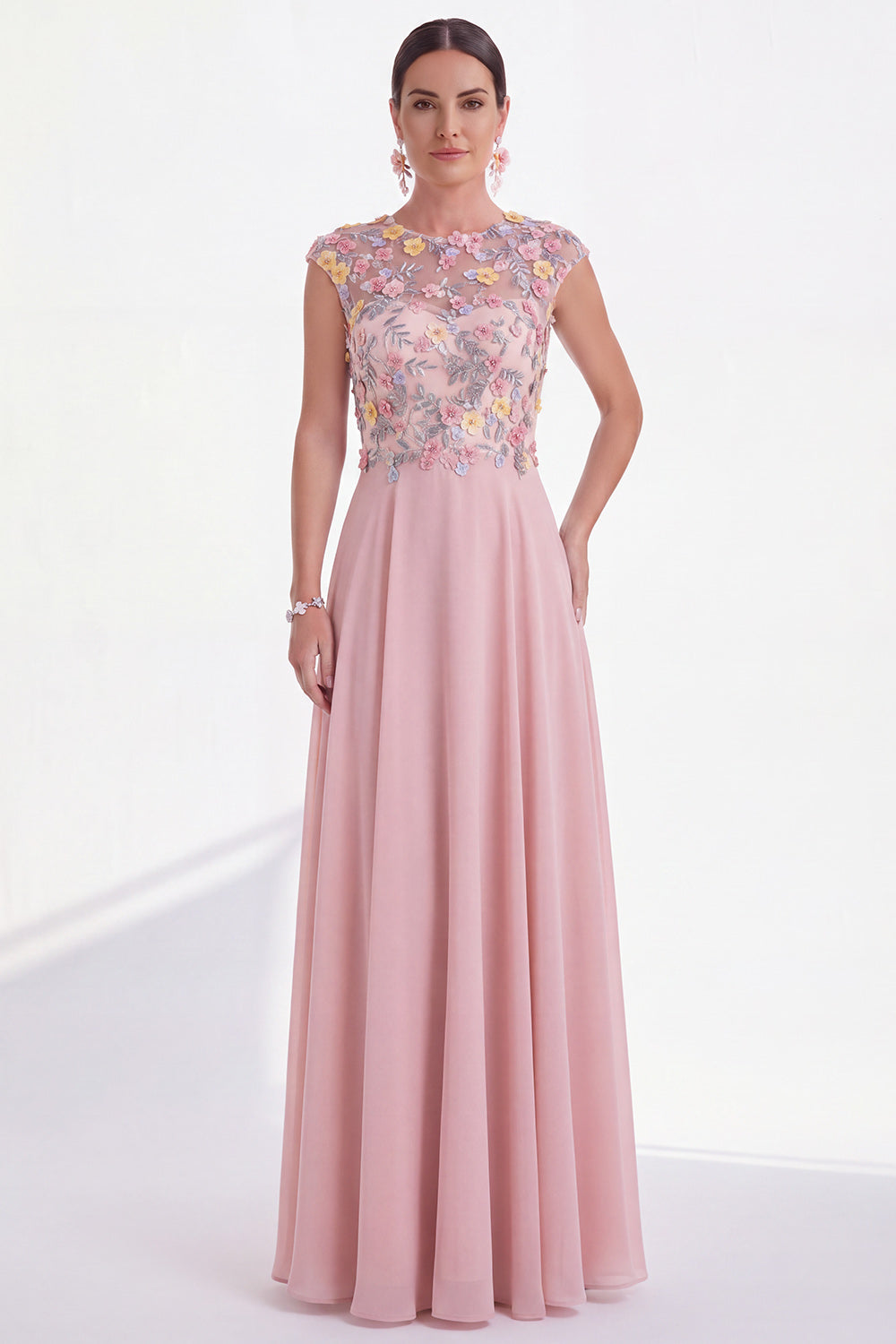 Green Round Neck A Line Long Mother of the Bride Dress with 3D Flowers