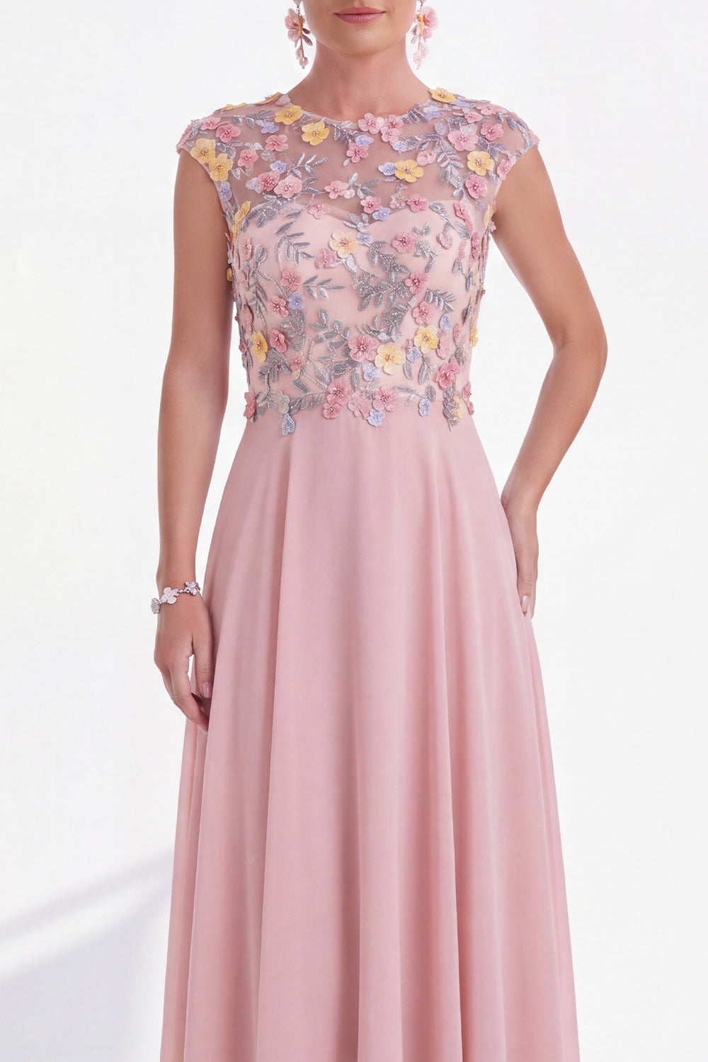 Green Round Neck A Line Long Mother of the Bride Dress with 3D Flowers