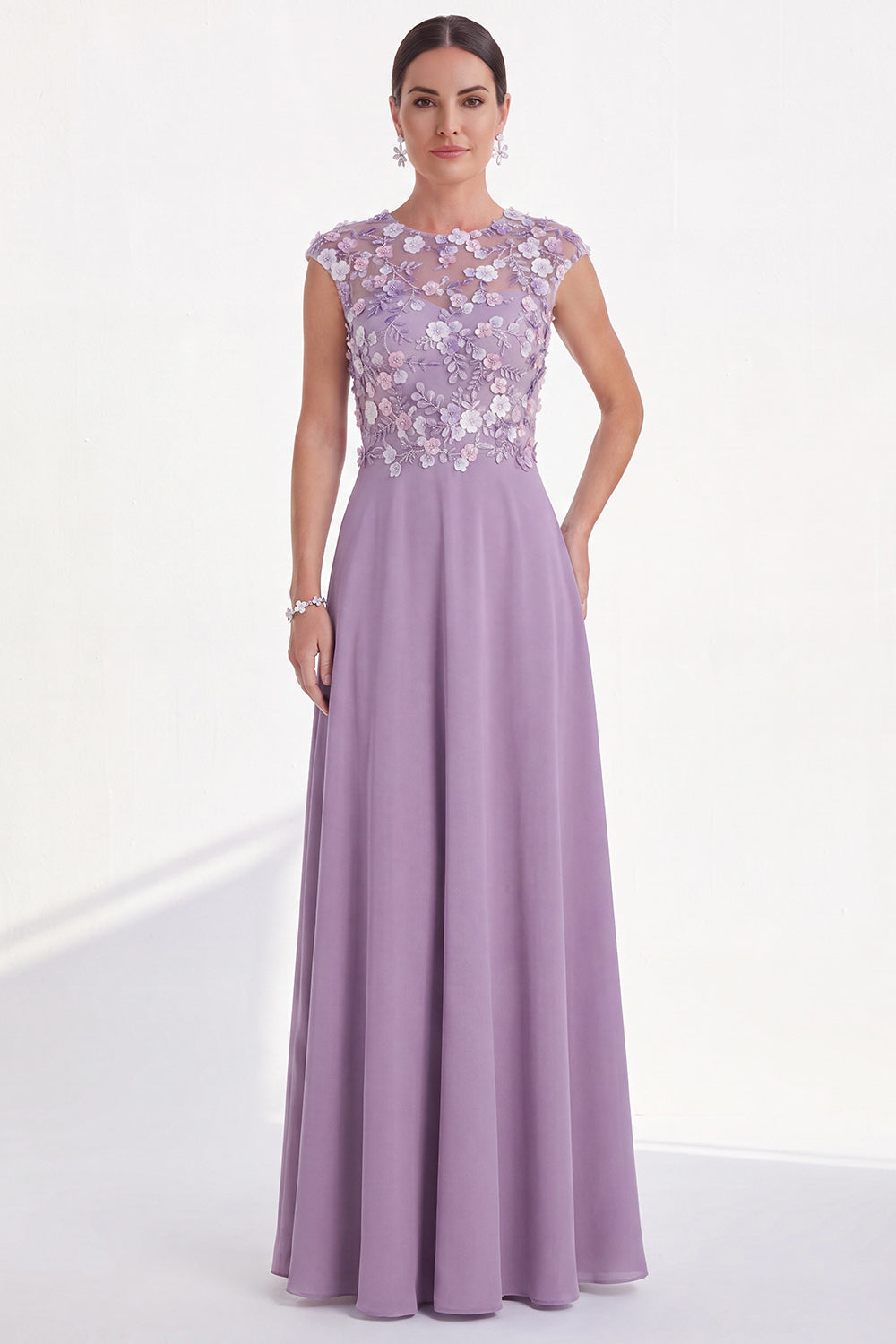 Green Round Neck A Line Long Mother of the Bride Dress with 3D Flowers