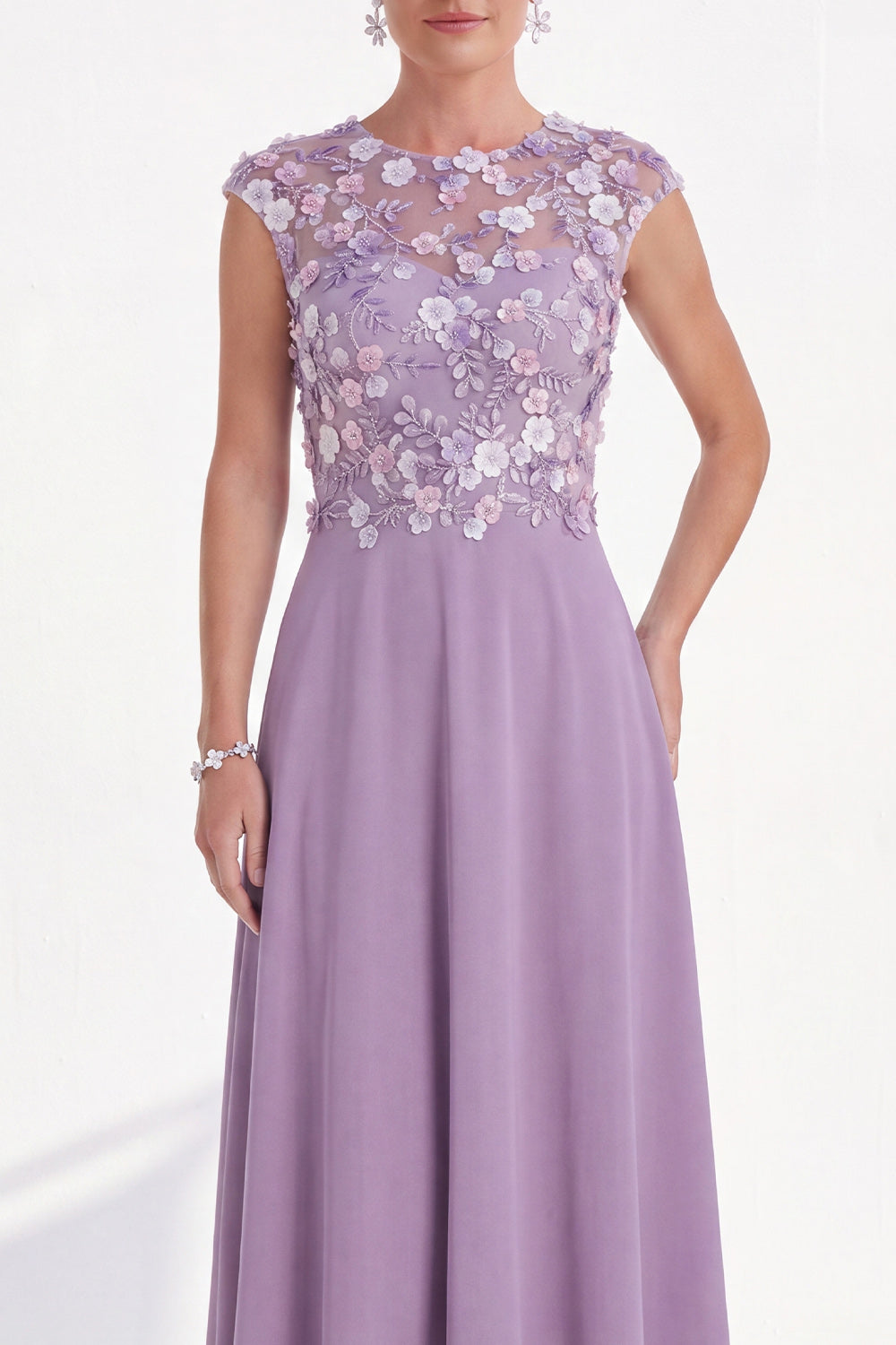 Green Round Neck A Line Long Mother of the Bride Dress with 3D Flowers