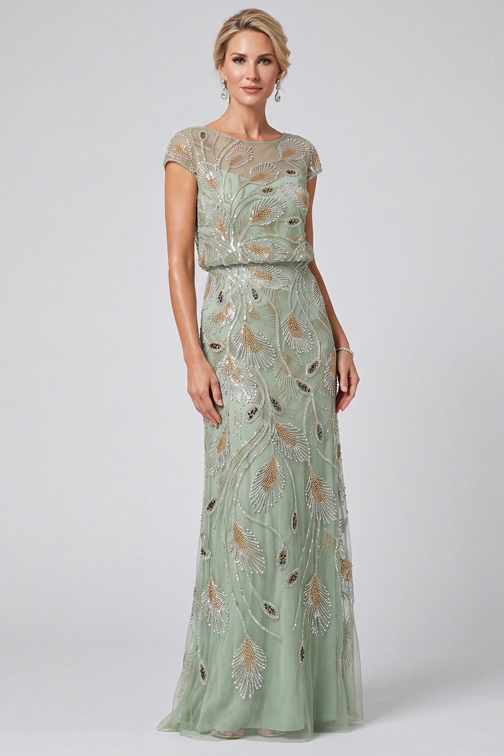 Sparkly Green Illusion Boat Neck Beaded Sheath Long Mother of the Bride Dress