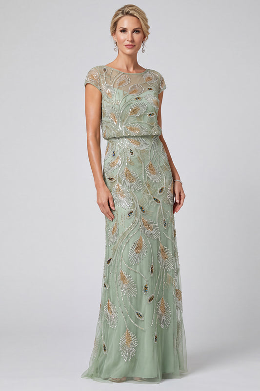 Sparkly Green Illusion Boat Neck Beaded Sheath Long Mother of the Bride Dress