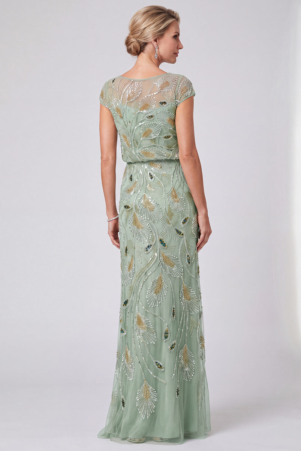 Sparkly Green Illusion Boat Neck Beaded Sheath Long Mother of the Bride Dress