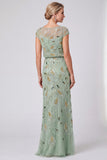 Sparkly Green Illusion Boat Neck Beaded Sheath Long Mother of the Bride Dress