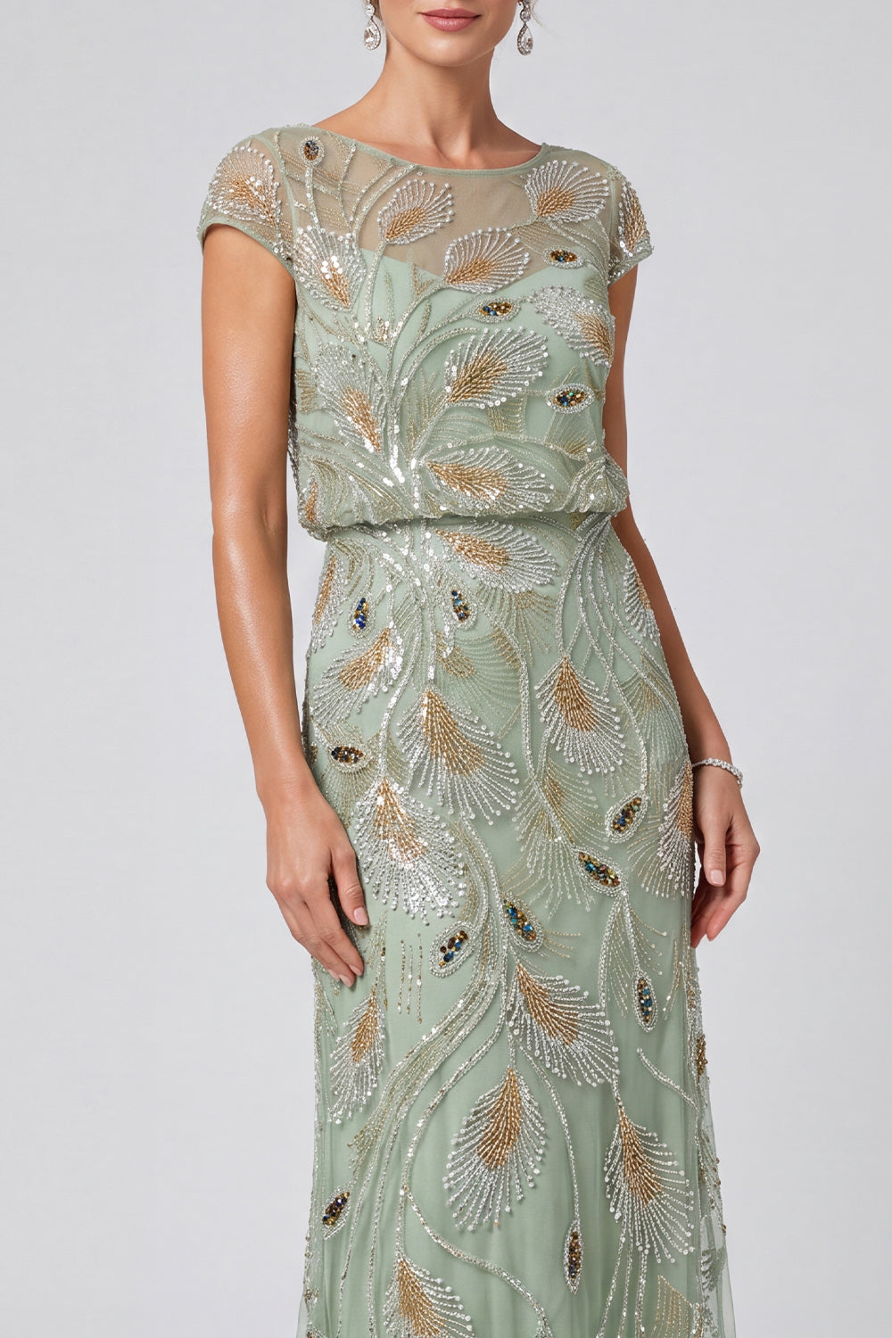 Sparkly Green Illusion Boat Neck Beaded Sheath Long Mother of the Bride Dress