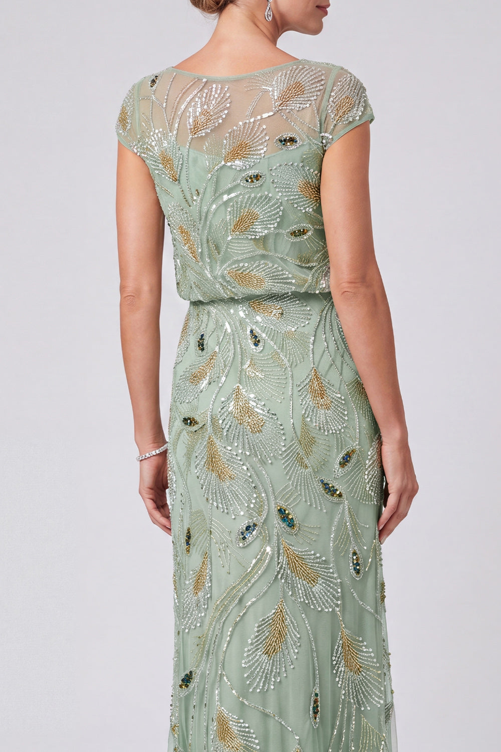 Sparkly Green Illusion Boat Neck Beaded Sheath Long Mother of the Bride Dress