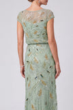Sparkly Green Illusion Boat Neck Beaded Sheath Long Mother of the Bride Dress