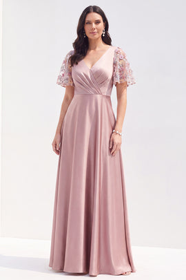 Grey Pink V-Neck A Line Satin Long Mother of the Bride Dress with Sleeves